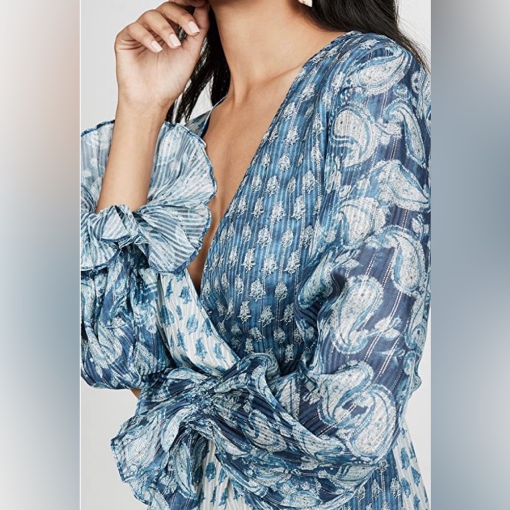 Hemant & Nandita  Dress Size L Kaiyo Long Sleeve Blue Silver Metallic Wrap Mini - Picture 14 of 15